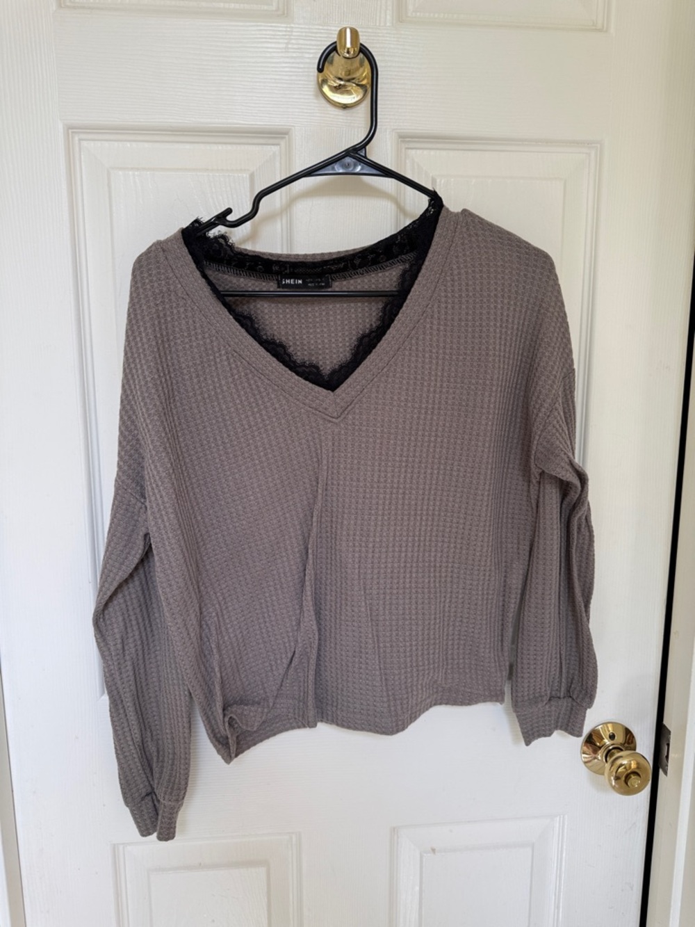 SHEIN Taupe Waffle Knit V-Neck Sweatshirt with Lace Trim